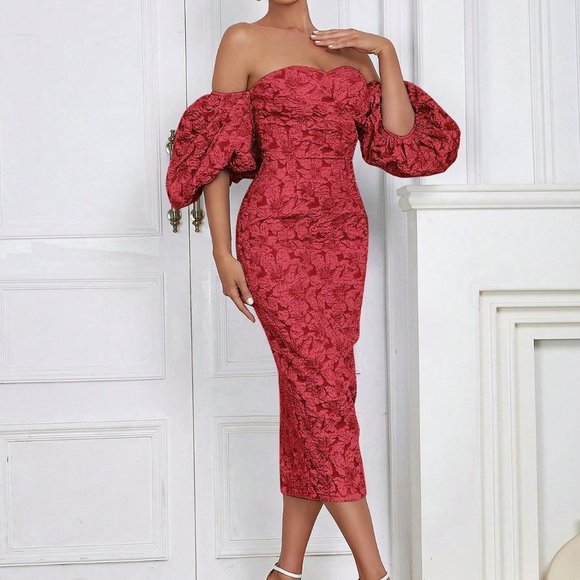 Red Preppy Womens Off Shoulder Puff Sleeve Split Back Floral Jacquard Dress - Picture 3 of 5